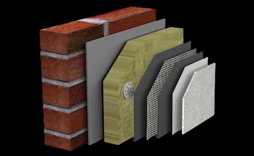 Exploded view of the EWI system build-up — brick substrate, adhesive, insulation board, reinforced basecoat with mesh and silicone render finish